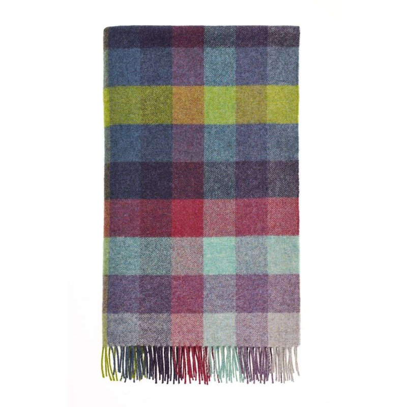Jeté en laine Shetland, Bleu / vert / gris / mauve géométrique