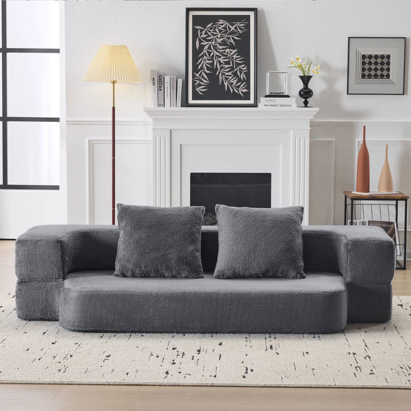 Gray Velvet Convertible Sofa Bed, 2-in-1 Folding Sleeper Couch, Gray
