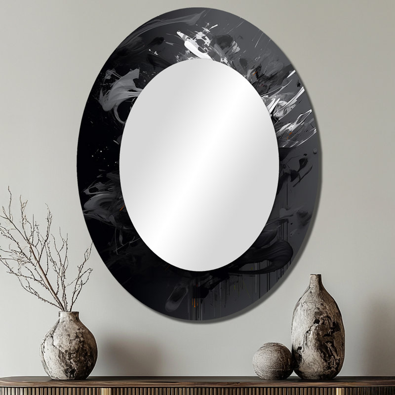 Exploration des profondeurs du marbre noir - Miroir décoratif abstrait ovale sur métal, 40 po x 30 po
