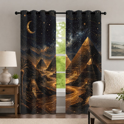 2Pcs Ancient Egyptian Pyramid Curtains, Celestial Night Sky Pattern Drapes, Mysterious Golden Landscape Printed Art Grommet Drapes, Window Treatment for Bedroom Living Room Home Decor