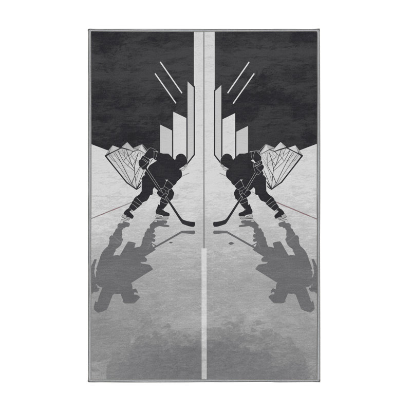 Machine Washable Aust Ice Hockey Faceoff Minimalist Geometric Rug in Gray – Gray Binding, 7x9