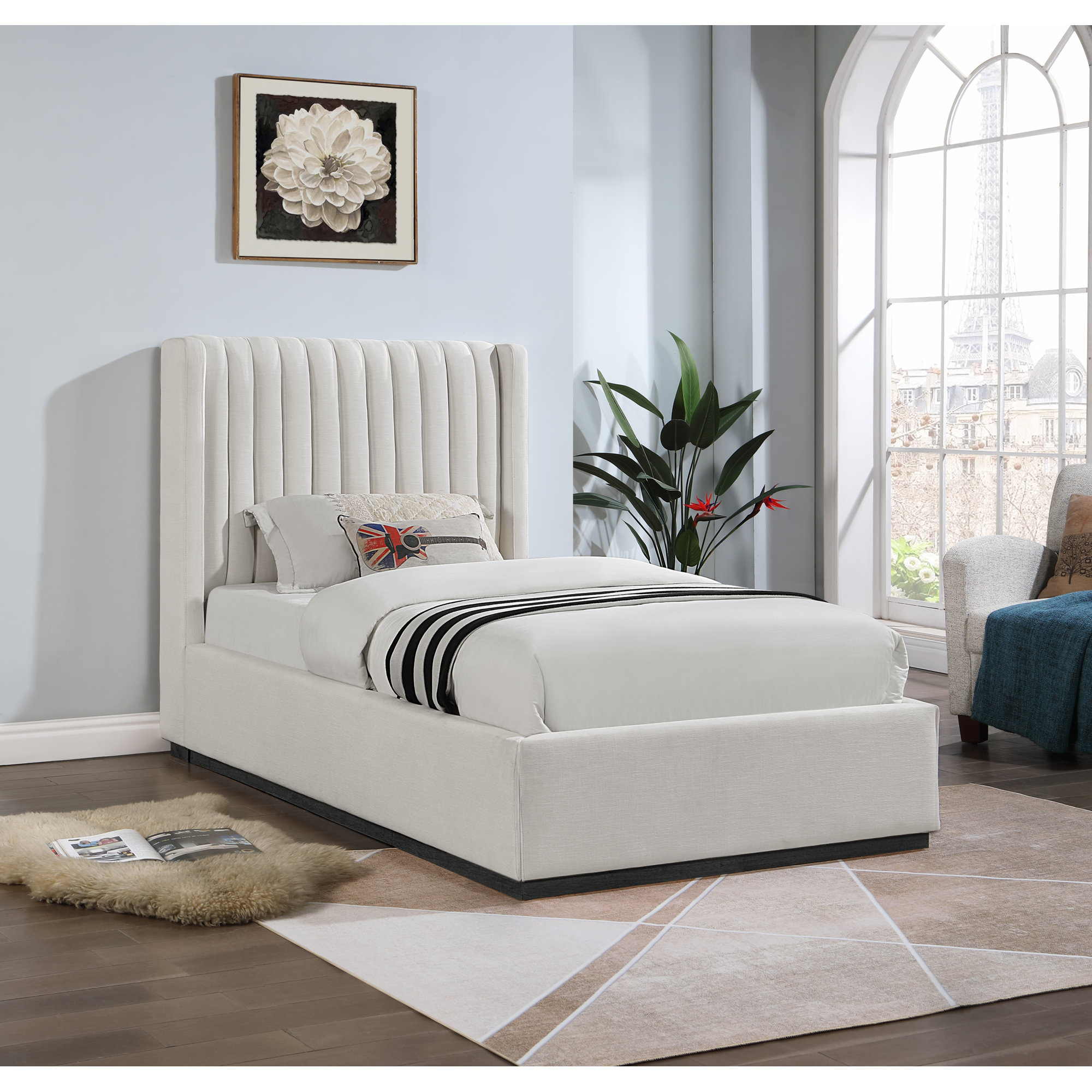 Chamblis Upholstered Wingback Bed, Beige Linen Textured Fabric, Twin