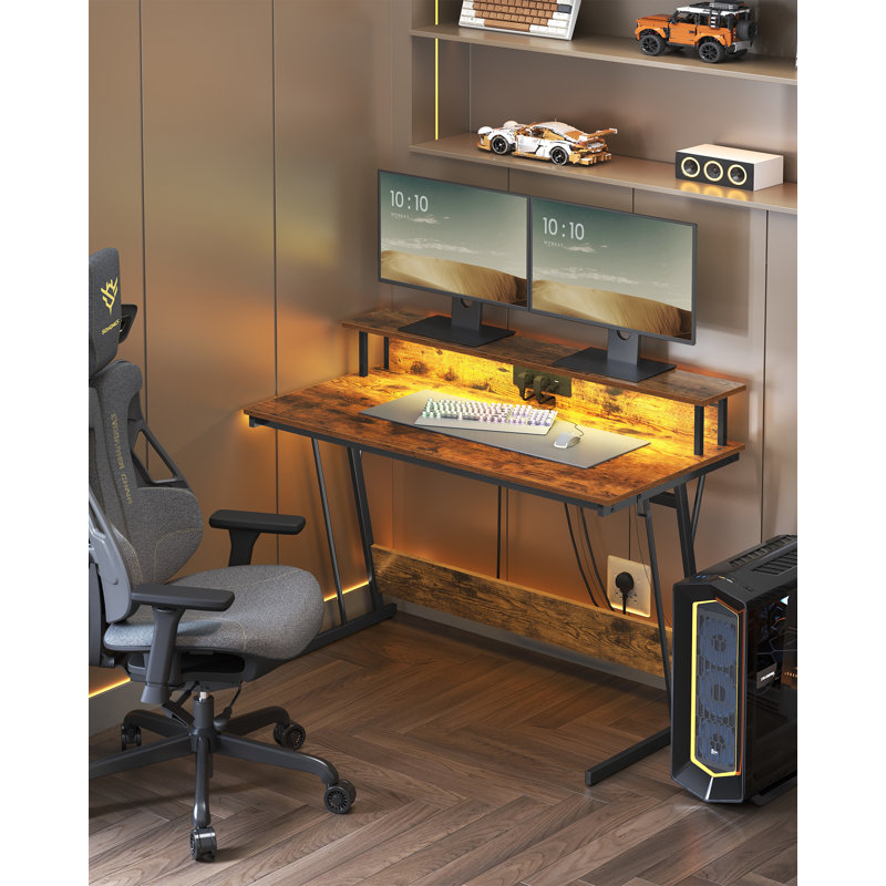 Takeshi Metal Base Computer Desk with Power Outlet, Rustic Brown