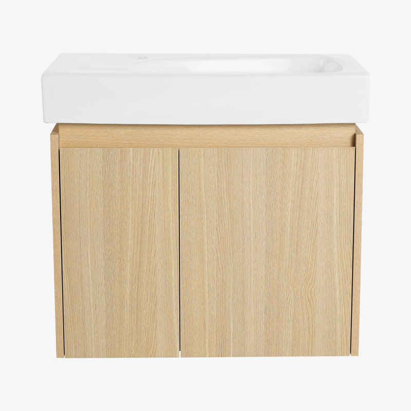 Meuble-lavabo 24 po avec lavabo en céramique, meuble-lavabo mural flottant, armoire de rangement en bois avec portes doubles pour la salle de bain, chêne
