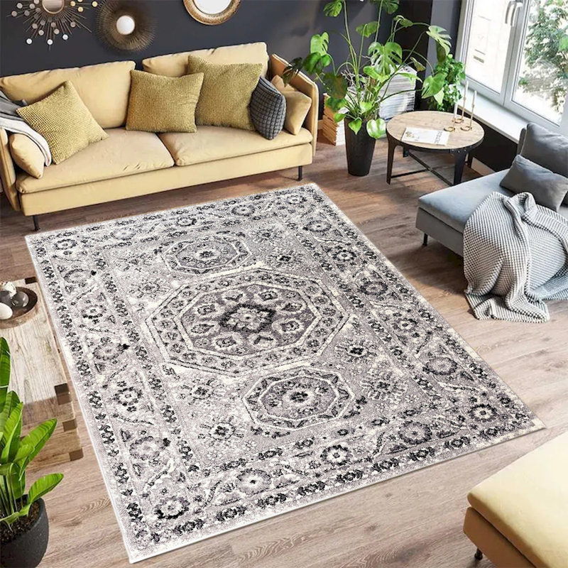 Tapis gris et blanc à motif délavé, Rectangle 2 pi x 3 pi