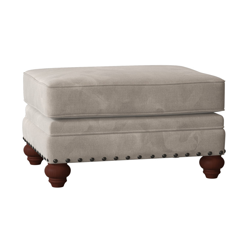 Spratt Upholstered Ottoman, Manhattan, Tweetie 10 Beige Performance Velvet, Dark Brass