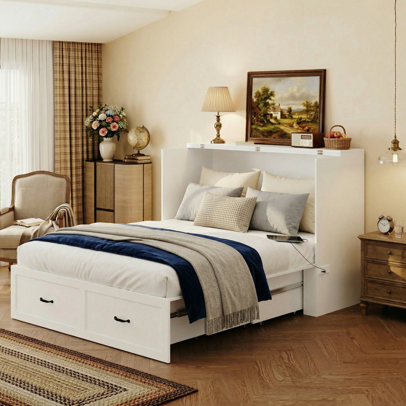 Grand lit escamotable avec prise USB et tiroir de rangement