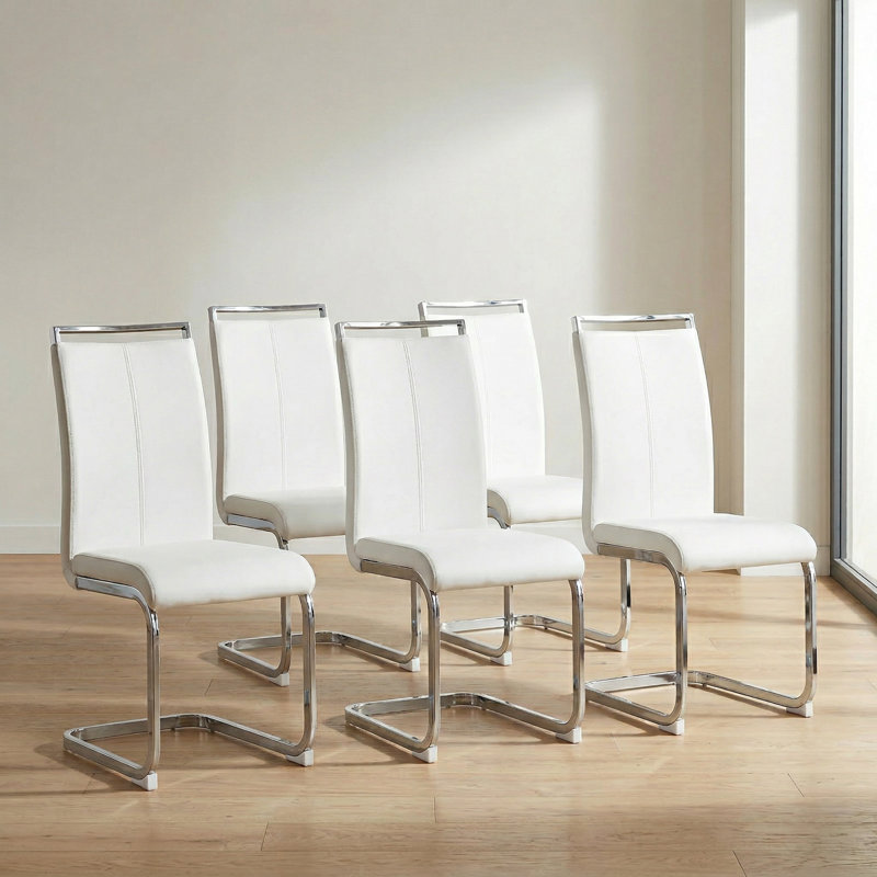 Amari Modern Faux Leather Cantilever Dining Chairs with Metal Base, Silver, White