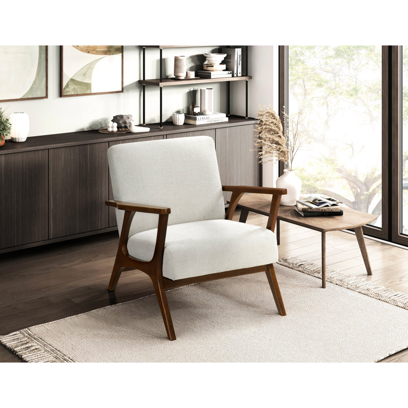 Élégant fauteuil d'appoint moderne en tissu de chenille tissé beige, structure en bois d'hévéa massif châtaignier, profondeur d'assise de 22 po, capacité de 300 lb, fauteuil rembourré contemporain avec accoudoirs en bois de 3 po de largeur