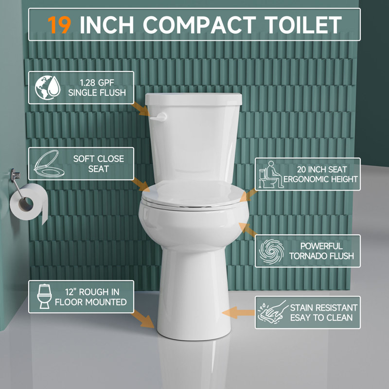 19" ADA Height Compact Two Piece Tall Toilet for Seniors, 1.28 GPF Tornado Single Flush, MAP 1000g, White, White
