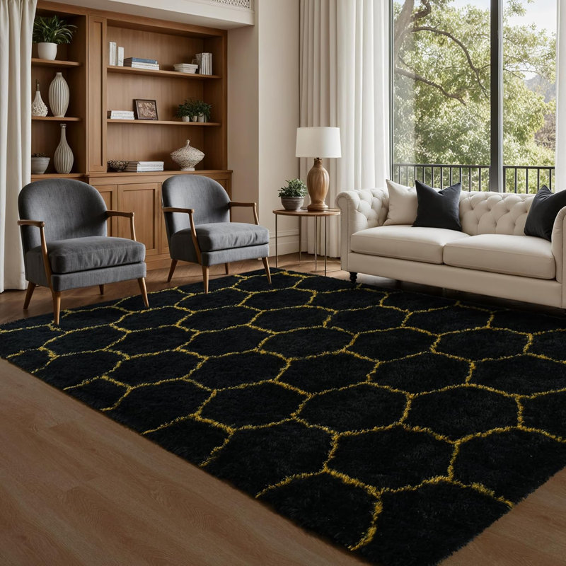 Fluffy Black Gold 5X8 Area Rug, Thick Shaggy Plush Throw Carpet, Soft Non-Slip Bedside Rug For Bedroom Living Room Nursery Dorm Kids Home Decor