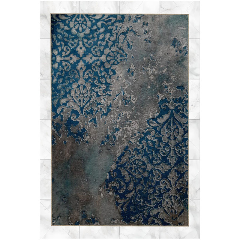 Tapis bleu et gris à motif abstrait lavable à la machine, Tapis de couloir 4 pi 11 po x 9 pi 10 po inclus