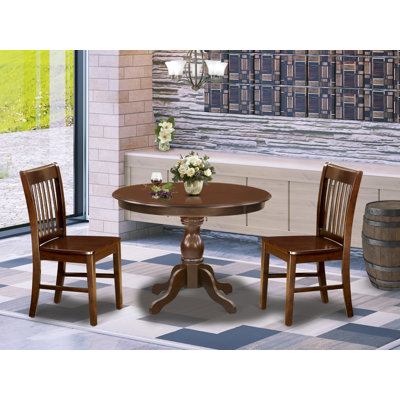 3 Piece Dining Set Contains a Round Dining Room Table with Pedestal and 2 Wood Seat Chairs, 42x42 Inch, Mahogany