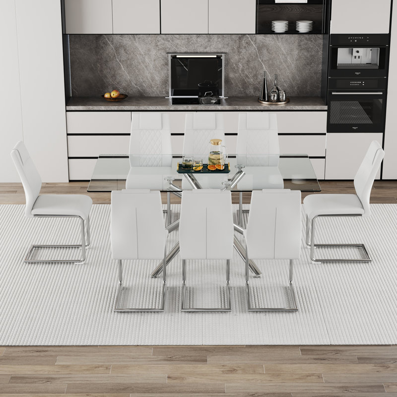 Ensemble de table de salle à manger en verre luxueux de style moderne en métal argenté parfait pour les rassemblements