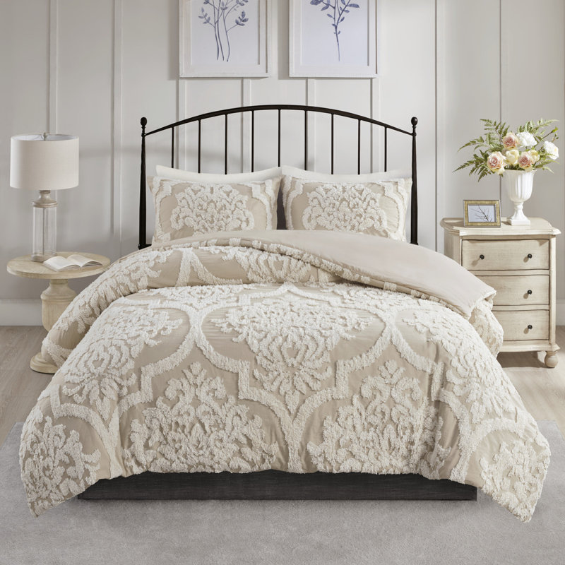 Ensemble d'édredon damassé en coton 3 pièces taupe, Édredon grand + 2 taies d'oreiller