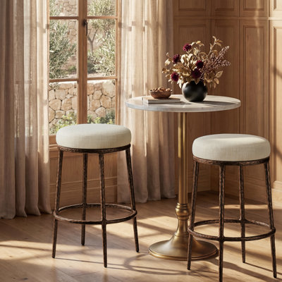 Aureon 26.5" Modern Glam Backless Counter Height Bar Stool With Hand-Hammered Metal Legs And Linen-Blend Upholstered Seat, Set Of 2