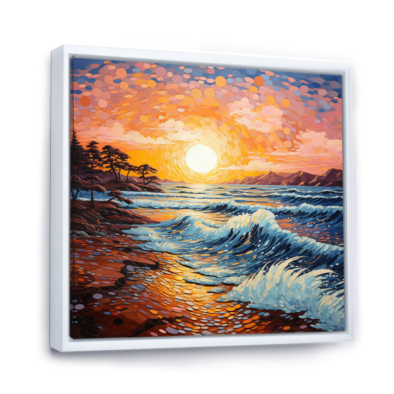 Beach Golden Sands Pointillism II, Cadre flottant blanc, 16" H x 16" W