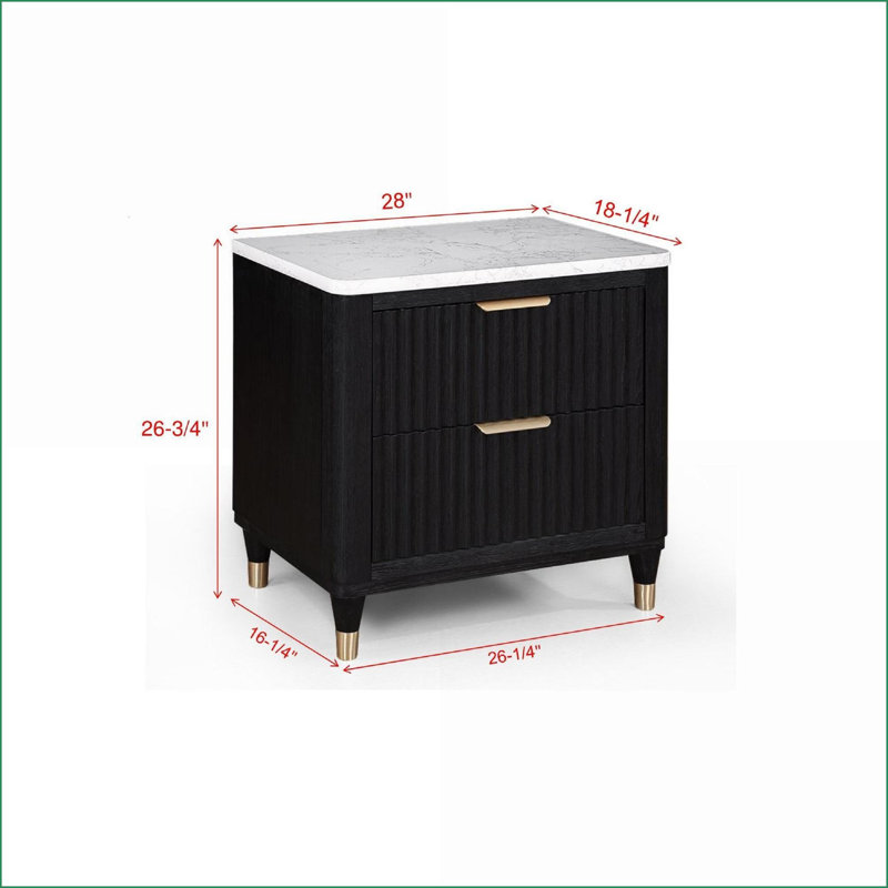 Modern 2-Drawer Black Nightstand with White Top and Metal Knobs