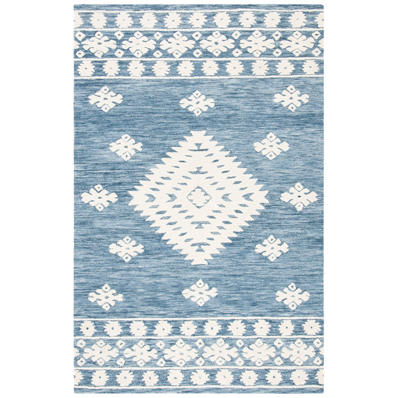 Tapis en laine / coton touffeté à la main en ivoire / bleu marine, Rectangle 3 pi x 5 pi
