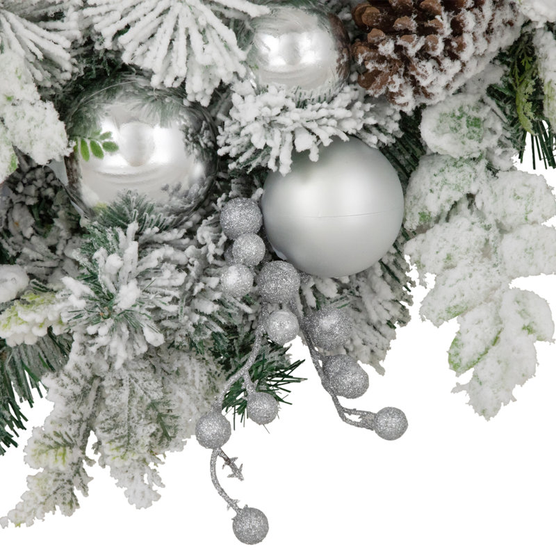 Silver and White Frosted Pine Christmas Wreath with Bow, 30-Inch
