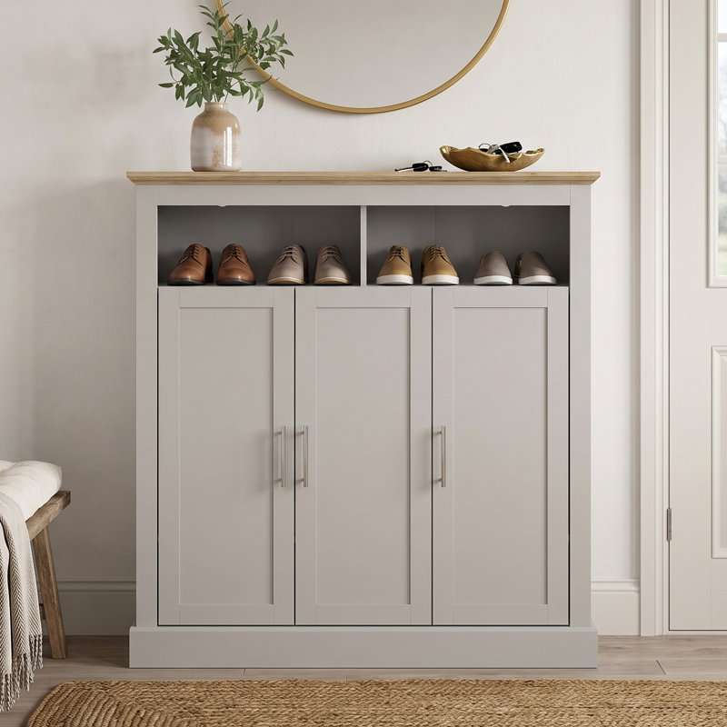 Sufy Benniton 3 Door Shoe Cabinet with Open Shelves, Light Grey