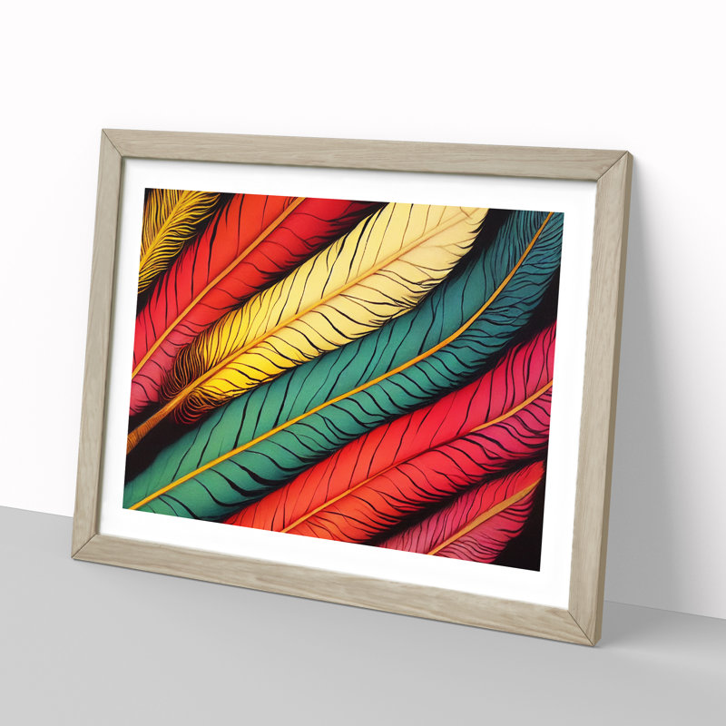 Colourful Bird Feathers Vol.1 - Framed Print, 46cm H x 64cm W x 2cm D, Oak