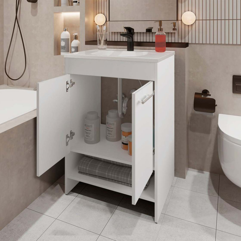 Meuble-lavabo blanc à 2 portes avec rangement ouvert, Blanc
