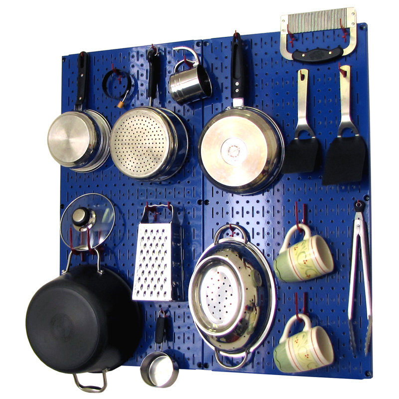 Metal Rectangle Wall Mounted Pot Rack, Blue / Red