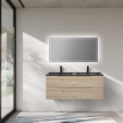 Meuble-lavabo mural double 48 po, avec comptoir en quartz noir et 2 tiroirs à fermeture douce Passonno