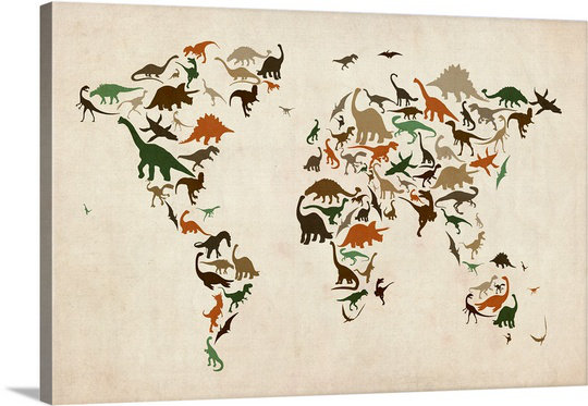 «Dinosaur Map of the World» par Correen, impression, H 24 po x l 36 po x P 1,5 po, Toile
