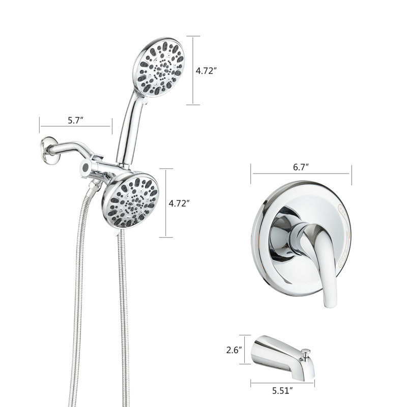 Dual 2 In 1 Shower With Tub Spout - High Faucet Valve. 7 Spray Settings Head And Hand Shower. . All Metal Construction. 1.8 Gpm Flow. 59" Hose. 1/2" Connection System Patterns For Comfortable