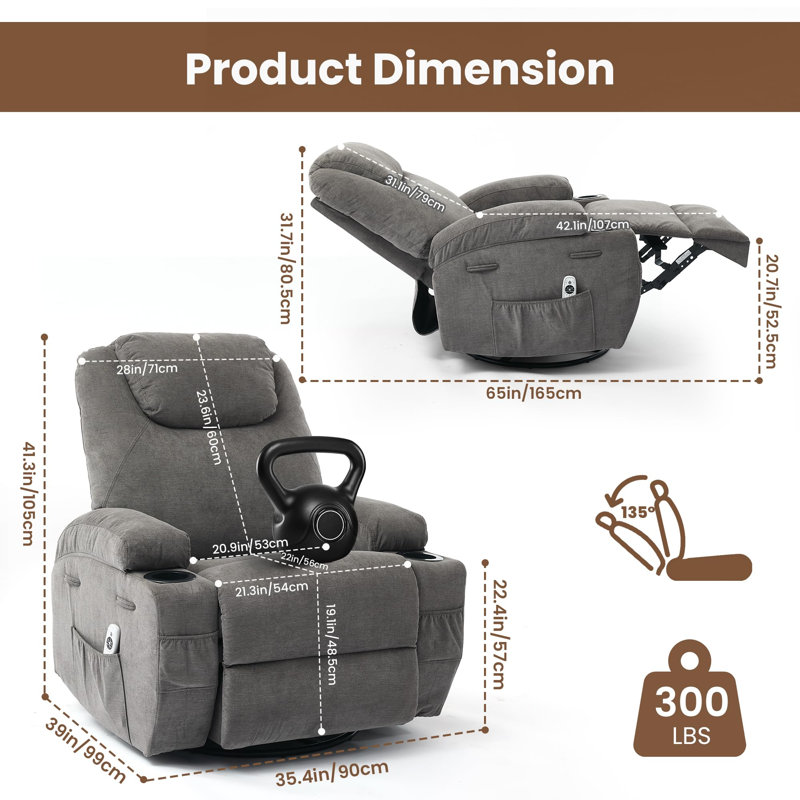 Heated Electric Recliner Chair for Adults,360 Swivel Rocker Recliner with Massage & Heat, Glider Rocking Chair for Living Room, Nursery,Plush Comfort