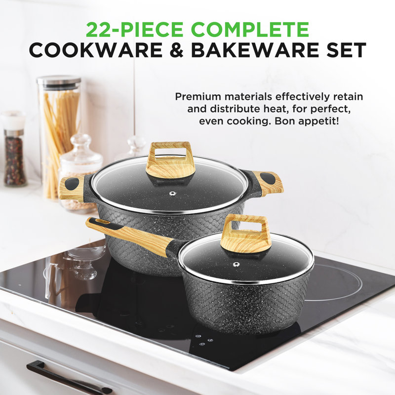 Nutrichef 22-Piece Maroon Marble Non-Stick Cookware And Bakeware Set - Professional Home Kitchen Collection With Multi-Sized Pots, Pans, And Heat-Resistant Tools