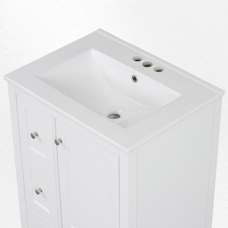 24" Single Bathroom Vanity Set With Ceramic Top, Silver, White