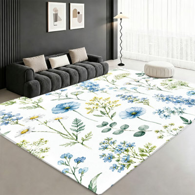Tapis à motif floral et aquarelle floral, motif de fleurs bleues et jaunes, tapis antidérapant lavable à la machine, décoration intérieure artistique pour le salon, la chambre à coucher, le vestibule, la porte d'entrée, la cuisine, le balcon et l'appartement