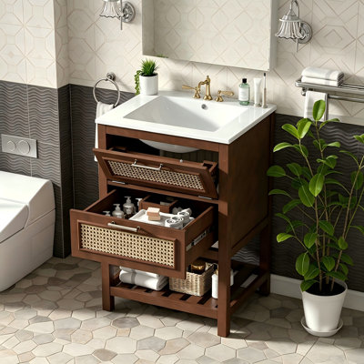 Meuble-lavabo simple autoportant de 24 po avec lavabo en céramique intégré, 1 armoire à devant en rotin Boho avec 1 tiroir profond et 1 tiroir basculant, idéal pour les petites et moyennes salles de bain