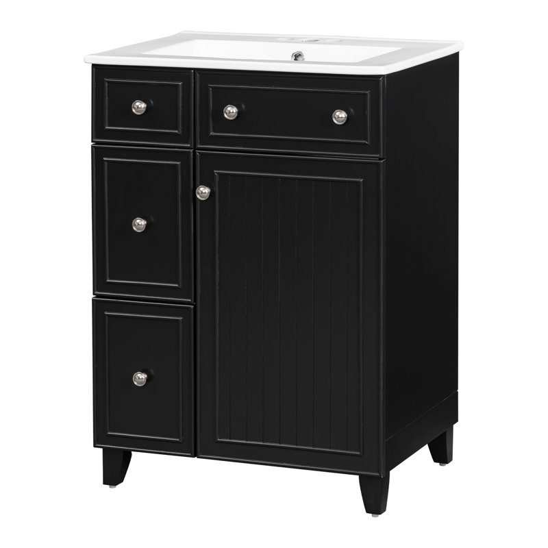 Armoire de meuble-lavabo 24 po avec lavabo en céramique, 2 tiroirs, 1 porte, Noir