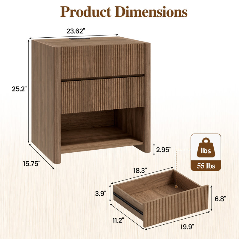 Table de chevet en bois à panneaux ondulés de 60 cm de large, avec 2 tiroirs et une tablette ouverte, station de recharge intégrée