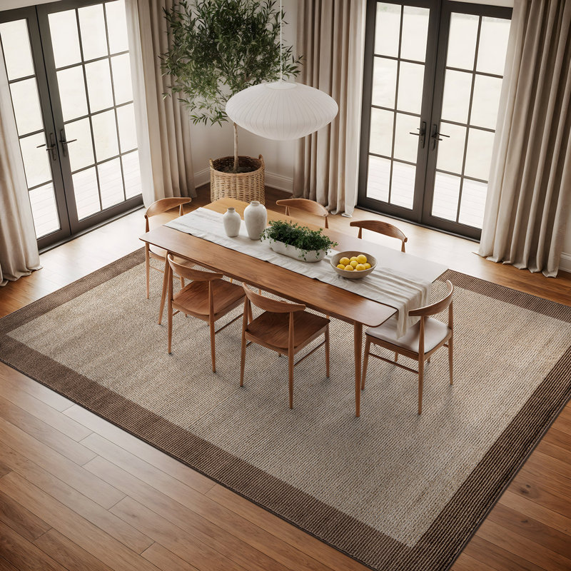 Modern Geometric Area Rug Bordered Contemporary Design, Beige, Rectangle 7'10" x 10'