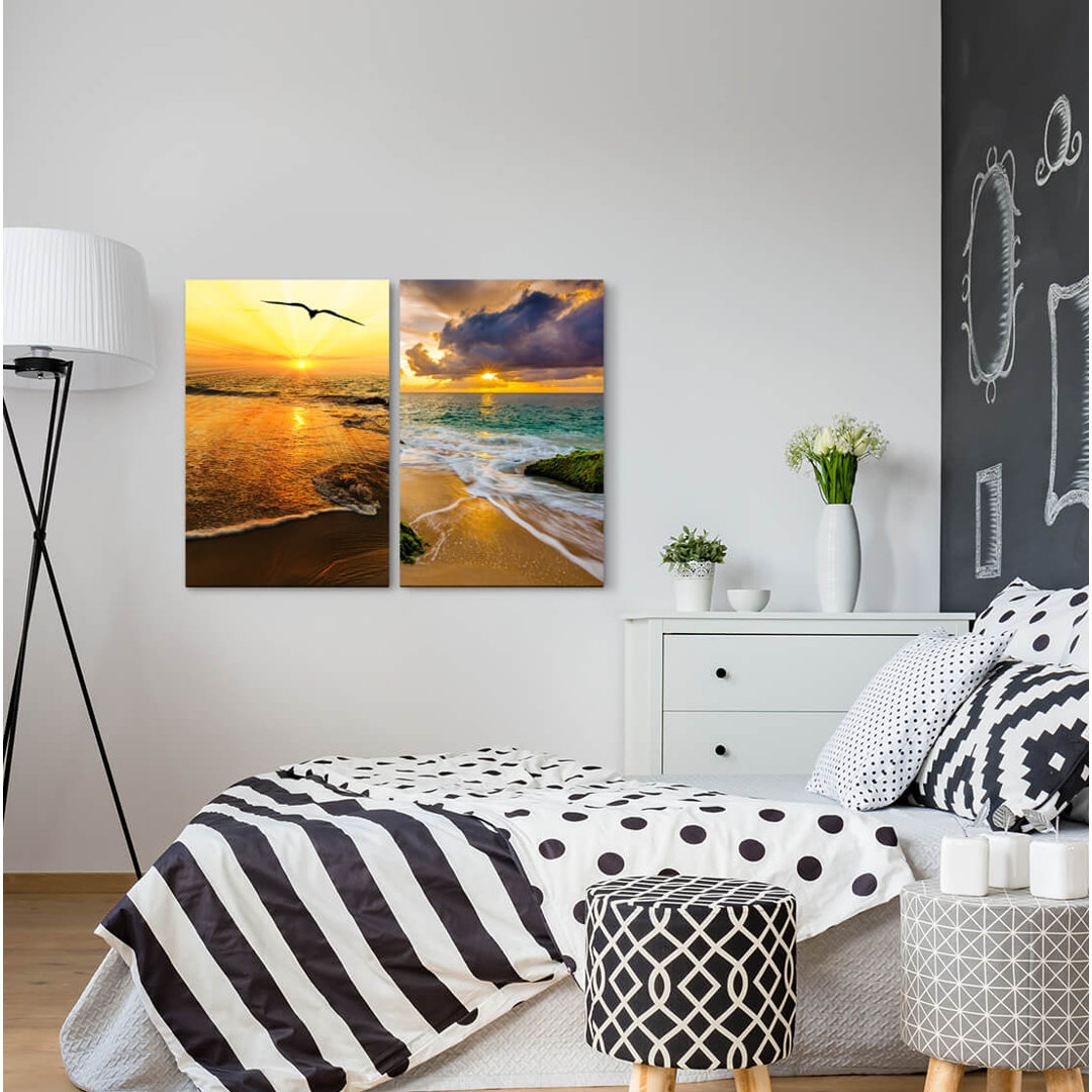 2-tlg. Leinwandbilder-Set - Fotografie „Seagull Horizon Sea Beach Sunset Freedom Distance”