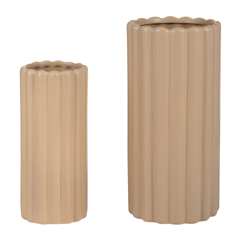 Modern Vases Set - Stoneware Woven Synthetic Wicker Ceramic Decorative Accent Vessels - Set of 2, Ribbed Cream