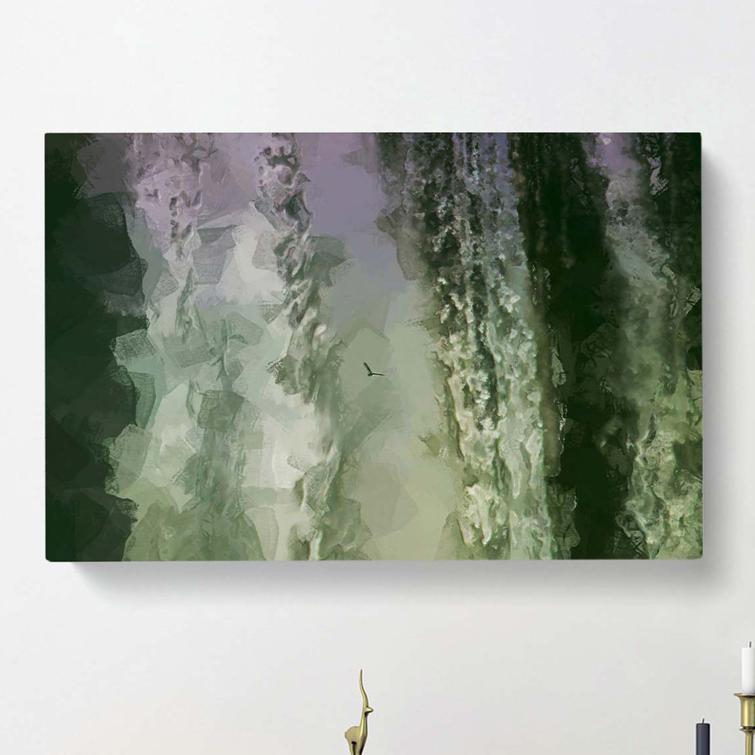 Bird Flying By The Waterfall In Abstract - Wrapped Canvas
