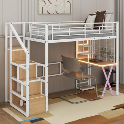 Lit mezzanine simple en métal avec poste de travail, garde-robe, escalier de rangement et DEL