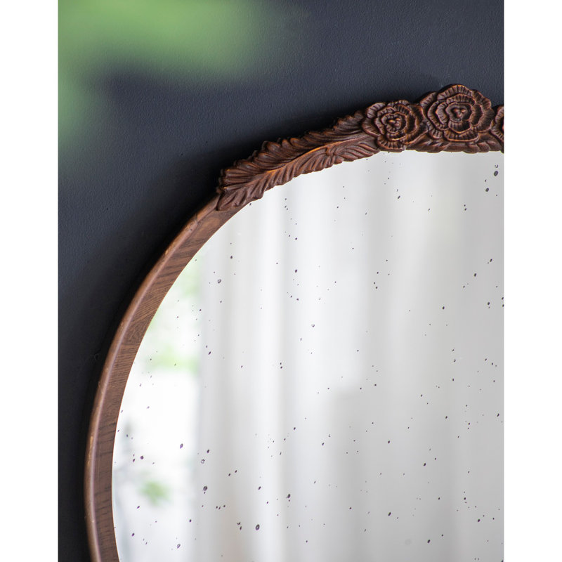 30"X30" Round Hand Carved Rose Mirror Frame, Wall Mirror For Live Space, Bathroom, Entryway Wall Décor, Brown