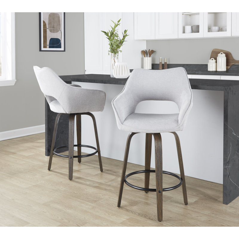 Sarah Fixed-Height Fabric Bar & Counter Stool with Bent Wood Legs & Round Footrest, Gray Fabric/Glazed Walnut Frame