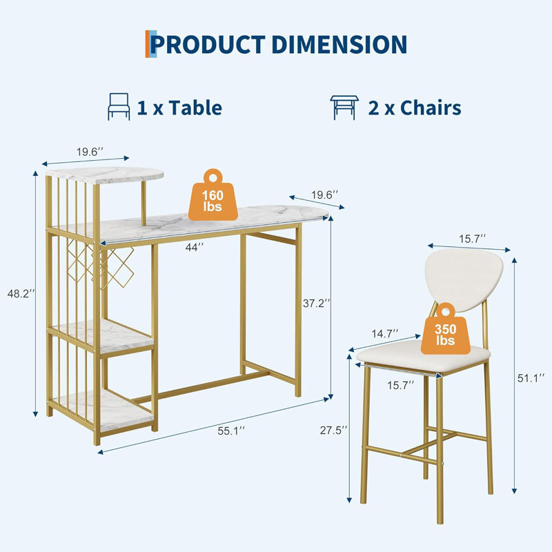 Ensemble de table de salle à manger pour 2, ensemble de table de bar extensible 3 pièces et chaises, avec tablettes de rangement et support à vin, petit ensemble de salle à manger de cuisine, appartement