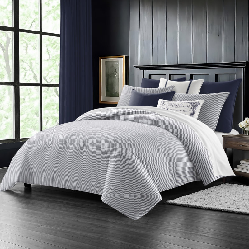 Jaxon Stripe Reversible Cotton Comforter Set, Full Comforter + 2 Standard Shams, Indigo