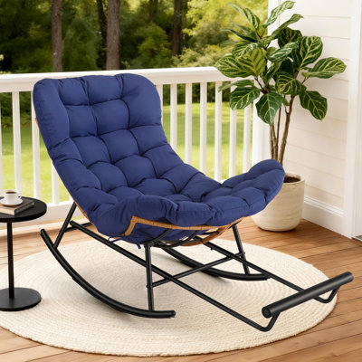 Oversized Rattan Papasan Rocking Chair with Extendable Footrest - Sturdy Metal Frame, Outdoor/Indoor Patio Lounge Ottoman for Comfortable Porch, Lawn, Bedroom Seating (Royal Blue Houndstooth Cushion)