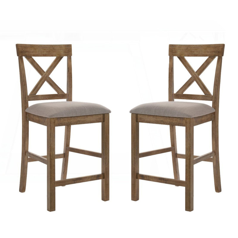 Ensemble de 2 chaises rembourrées en lin à hauteur de comptoir, Chêne antique / brun clair
