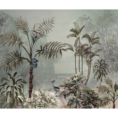 Papier peint faune forêt tropicale, koala et grue, scène de jungle